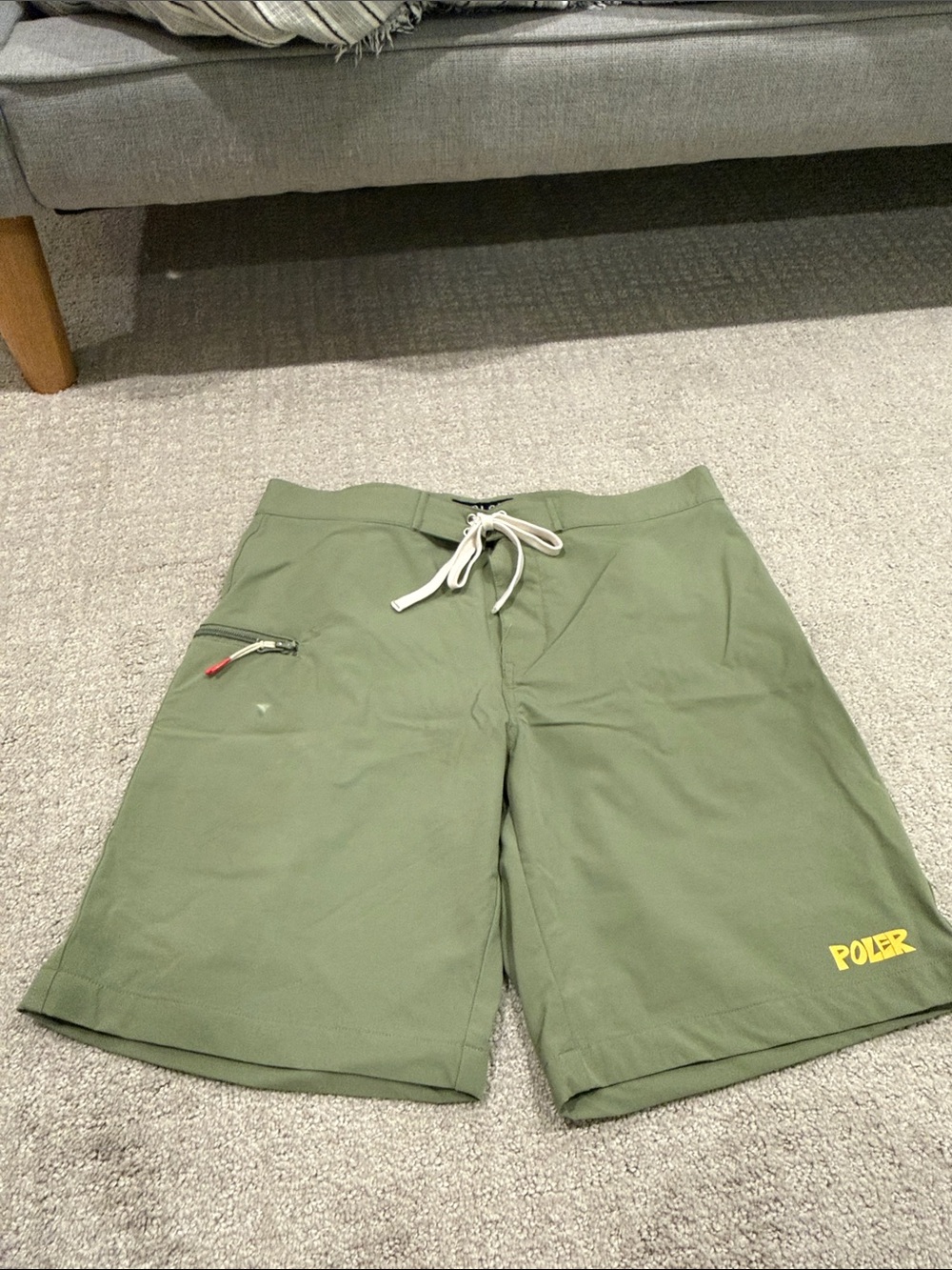 Poler Olive Swim Board Shorts with Yellow Logo